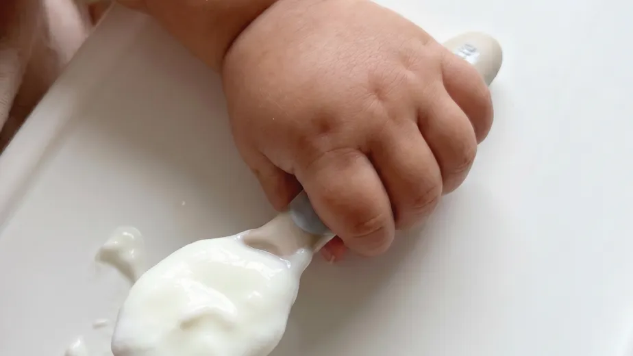 Plain full-fat Frutty Fro Yo Greek yogurt served in a small bowl as an option for greek yogurt for babies starting solids
